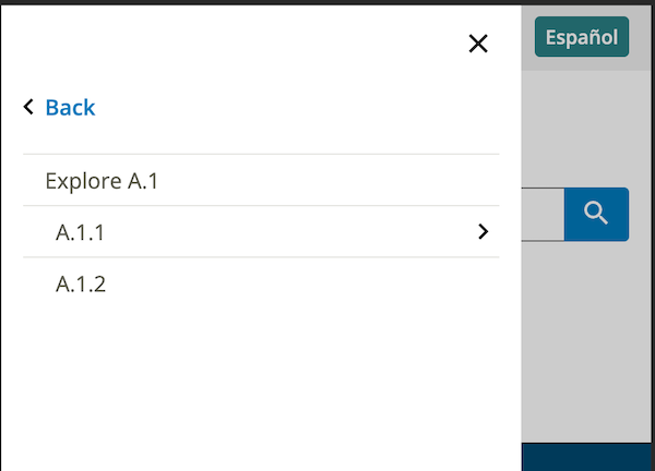 Image displaying a single level of navigation showing a back button, Explore A.1 above two child links, A.1.1 and A.1.2